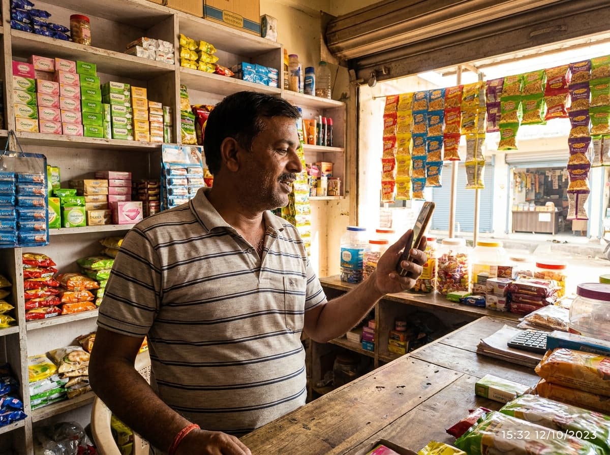 A shop owner at his counter looking at his phone with relief