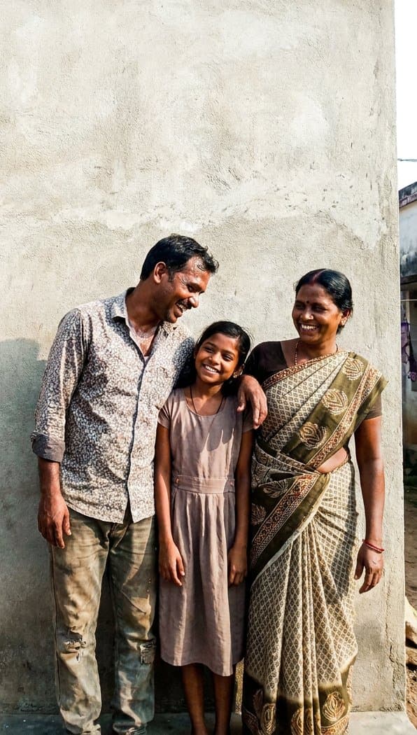 A happy family standing together outside their home